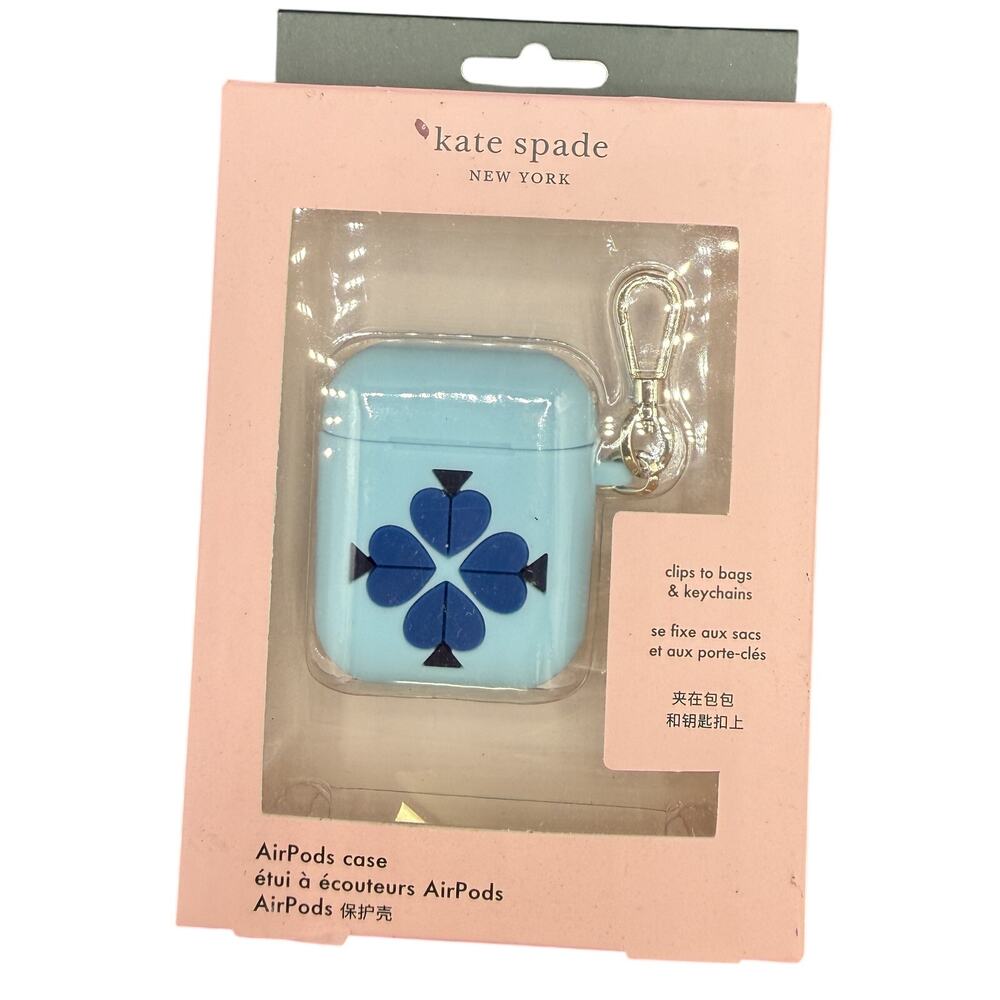 ♠️ Kate Spade Blue Silicone AirPods Case Keychain Cover Clover Tech Luxury New - Picture 1 of 5